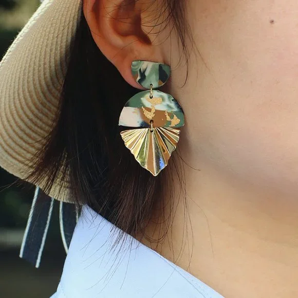 Boho Clay Abstract Gold Accent Fan Dangle Earrings - Picture 3 of 7